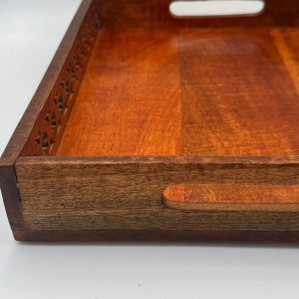 Handcrafted‎ Wood Serving Tray with Star Cutouts and Handles Brown Rectangular